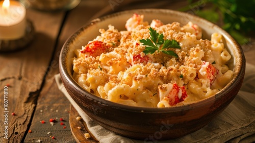 A mouthwatering bowl of creamy lobster macaroni and cheese topped with breadcrumbs, Bowl served on a rustic wooden table