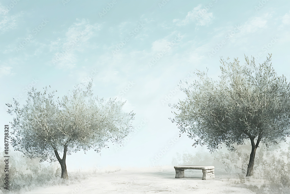 A serene pathway with two trees and a stone bench under a clear sky in a calm natural setting A serene pathway with two trees and a stone bench under a clear sky in a calm natural setting
