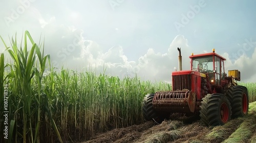 Red Tractor Harvesting Sugarcane Field Under Cloudy Sky