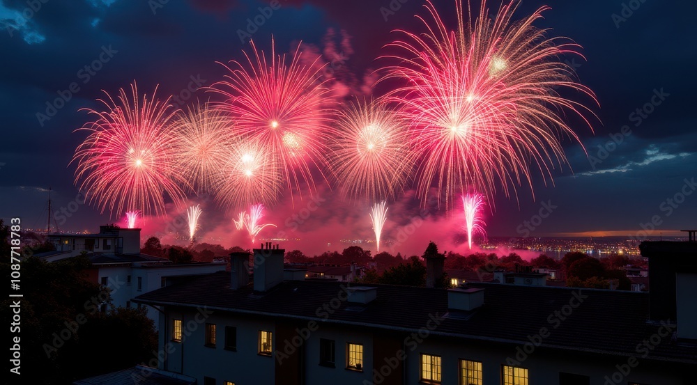 Obraz premium Bright red and gold fireworks illuminate the night sky over a cityscape, celebrating the New Year