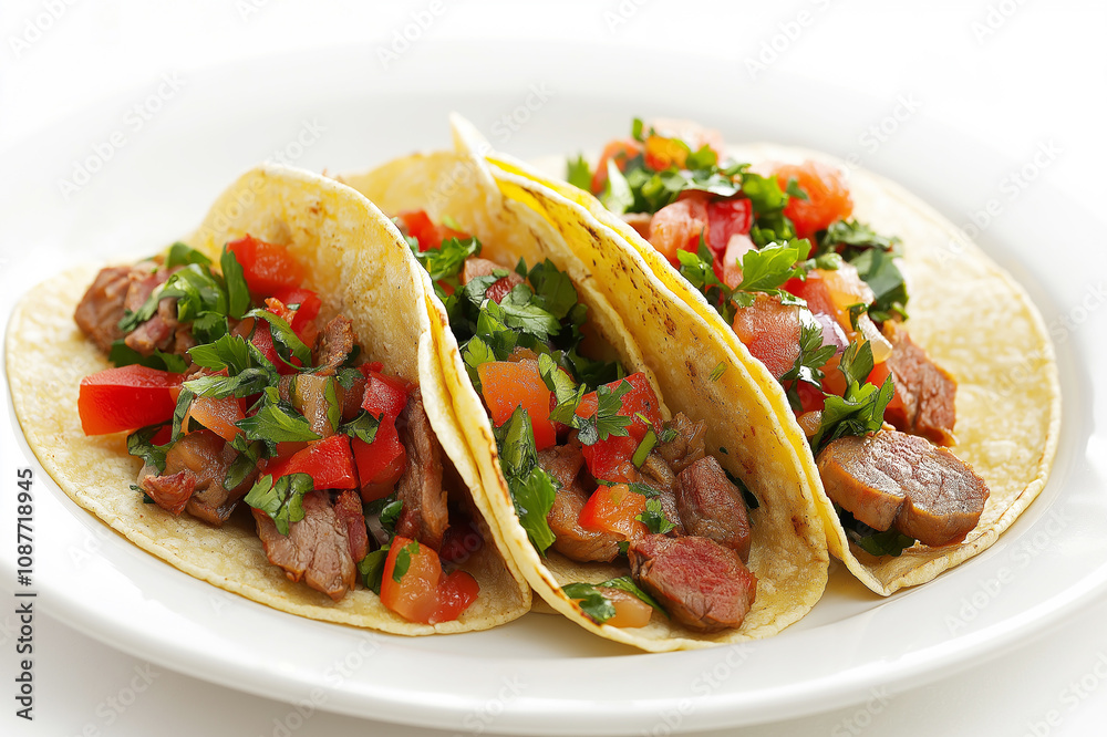 Soft tacos filled with grilled steak, fresh vegetables, and salsa, perfect for Mexican cuisine lovers and festive meal ideas. Soft tacos filled with grilled steak, fresh vegetables, and salsa, perfect for Mexican cuisine lovers and festive meal ideas.
