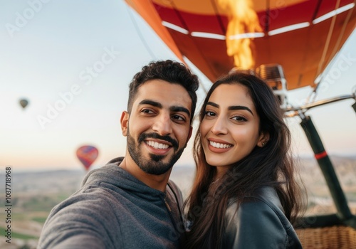 Young smiling middle eastern couple taking a selfie while enjoying a hot air balloon ride 