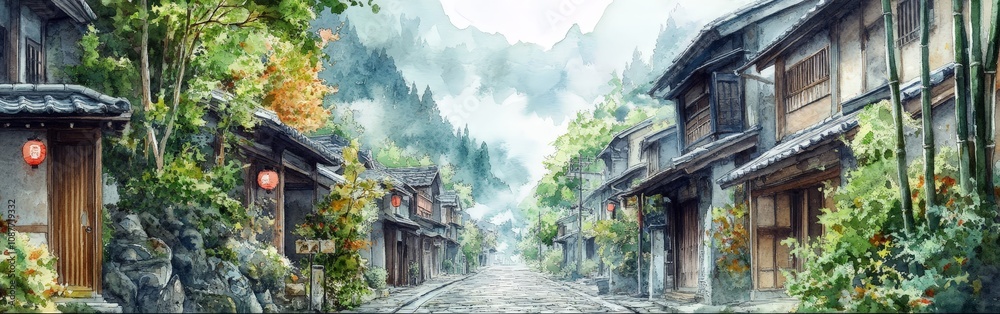 Serene Bamboo Village Street Lined with Traditional Homes in Nature Serene Bamboo Village Street Lined with Traditional Homes in Nature
