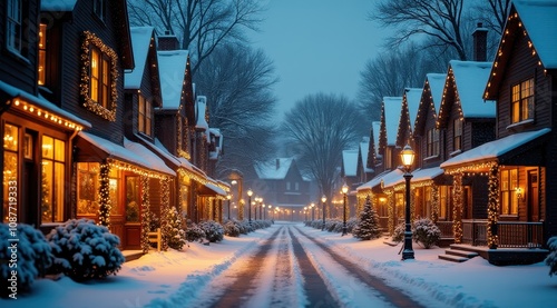 Quaint snow-covered village street decorated with holiday lights during a winter evening