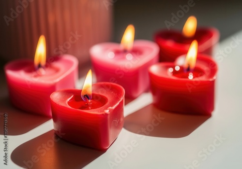 Red and pink heart-shaped candles are burning, creating a romantic atmosphere
