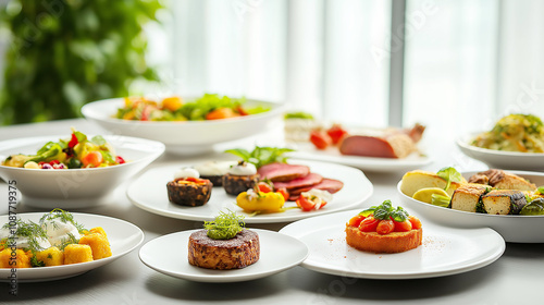 A variety of miniature gourmet appetizers arranged on white plates with fresh garnishes. Perfect for events or upscale gatherings with plenty of copy space.