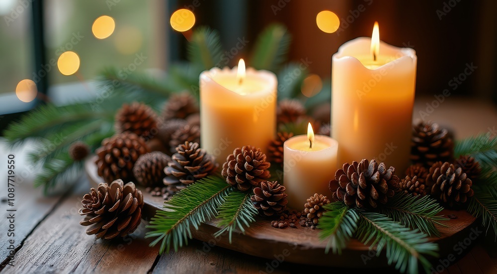 Cozy candlelit scene featuring pinecones and evergreen branches on a wooden table, evoking warmth and festive ambiance Cozy candlelit scene featuring pinecones and evergreen branches on a wooden table, evoking warmth and festive ambiance