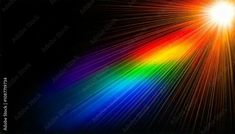 Rainbow light effect from sun flares on black background, colorful glare and shine, light rays on sparkling surface. Rainbow refraction of sunlight. Natural light effects, iridescent colors Rainbow light effect from sun flares on black background, colorful glare and shine, light rays on sparkling surface. Rainbow refraction of sunlight. Natural light effects, iridescent colors