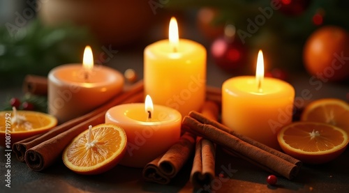 Four lit candles surrounded by cinnamon sticks and fresh orange slices create a cozy and aromatic atmosphere perfect for festive settings