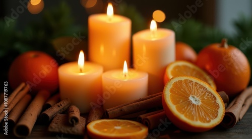 Four glowing candles surrounded by fresh oranges and fragrant cinnamon sticks create a warm and cozy ambiance