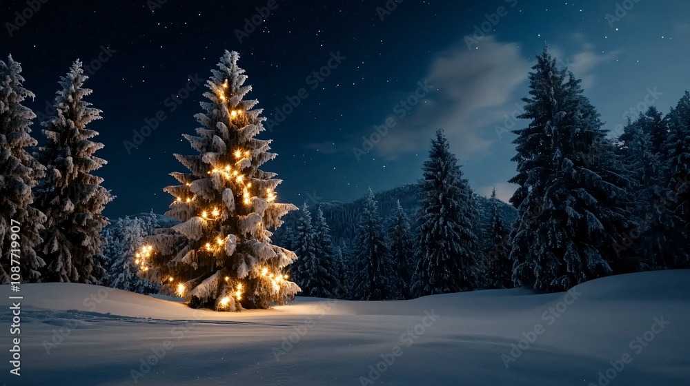 A Christmas tree is lit up in a snowy field A Christmas tree is lit up in a snowy field