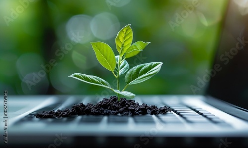 Green information technology. Environmentally Sustainable IT. Copy space. Green plant growing on laptop computer keyboard with green background. Environment green, Generative AI