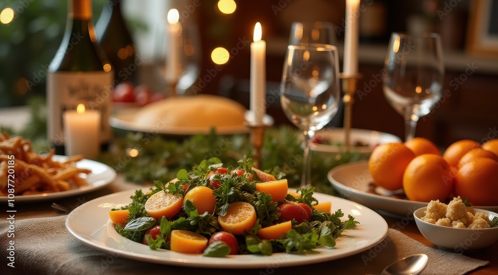 A festive dining table adorned with a vibrant citrus salad, candles, and wine, creating a warm and inviting atmosphere A festive dining table adorned with a vibrant citrus salad, candles, and wine, creating a warm and inviting atmosphere