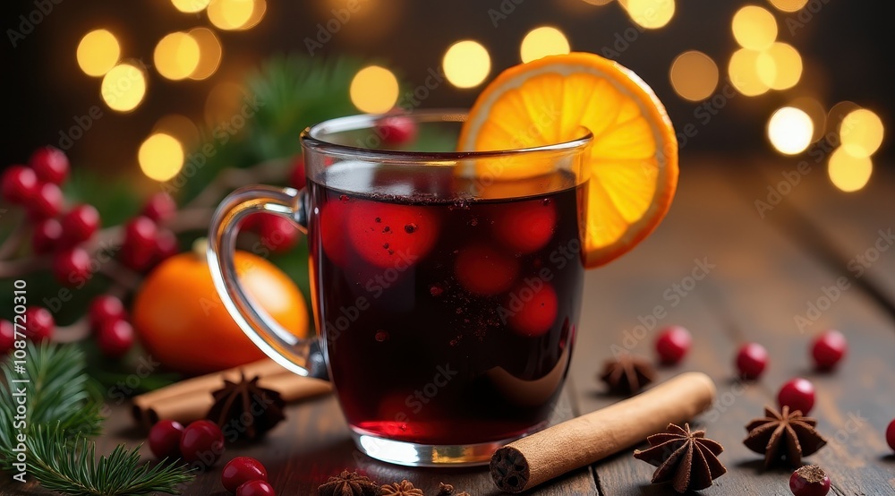 A steaming mug of mulled wine adorned with an orange slice, surrounded by cinnamon sticks and festive decorations, evokes warmth and holiday cheer A steaming mug of mulled wine adorned with an orange slice, surrounded by cinnamon sticks and festive decorations, evokes warmth and holiday cheer
