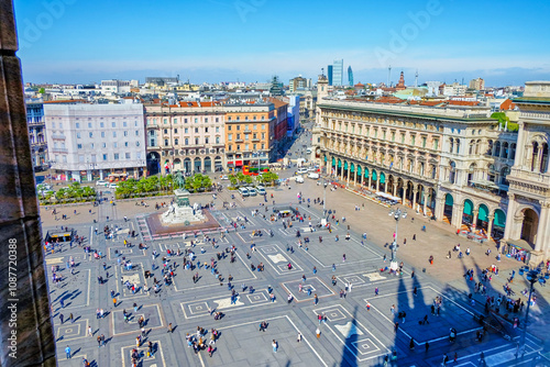 View of Piazza del Duomo from the top of Milan Duomo, Italy