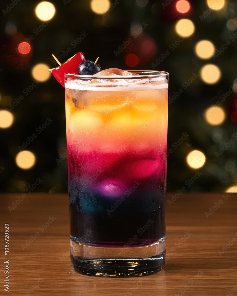 Colorful layered drink with bokeh lights bar setting beverage photography festive atmosphere Colorful layered drink with bokeh lights bar setting beverage photography festive atmosphere