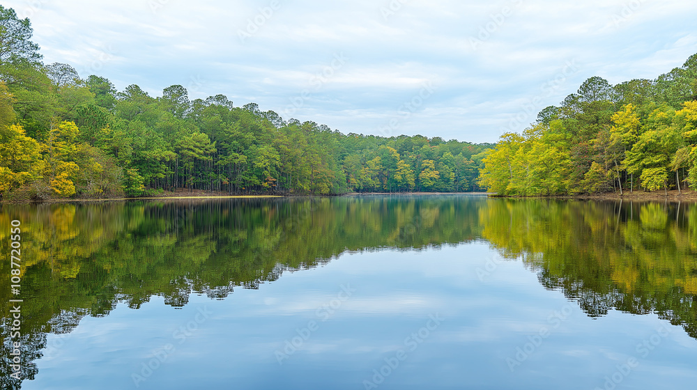 Scenic view of a calm lake surrounded by lush green forests, reflecting the clear blue sky. A serene and peaceful landscape perfect for nature lovers. Scenic view of a calm lake surrounded by lush green forests, reflecting the clear blue sky. A serene and peaceful landscape perfect for nature lovers.