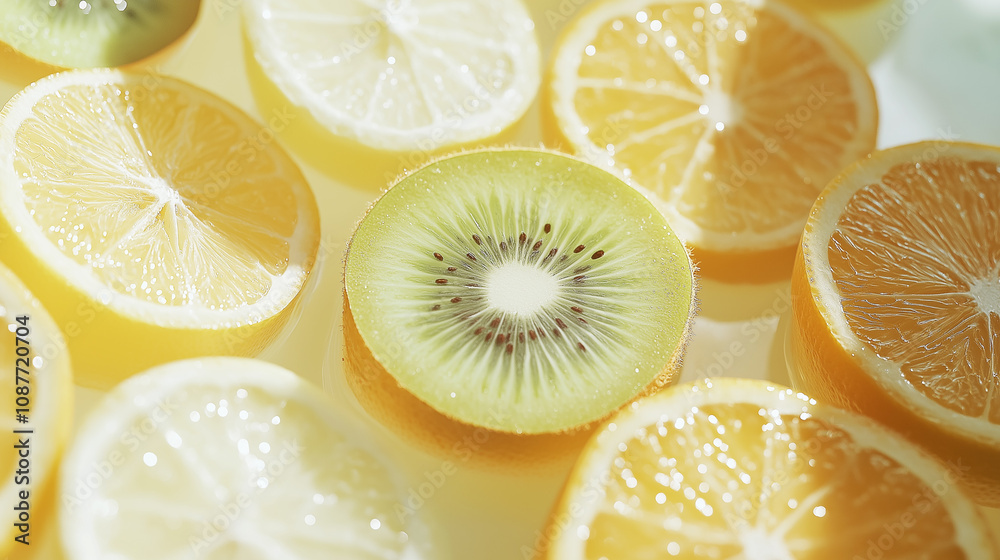 A composition of citrus fruits and a kiwi slice showcasing vibrant colors and fresh textures, perfect for tropical and health-related themes.