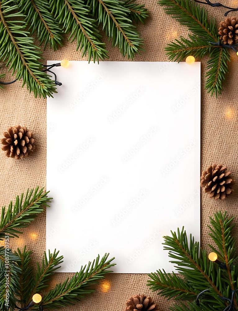A blank Christmas card features fir branches, pinecones, and string lights on a horizontal burlap sack cloth background with a New Year theme. A blank Christmas card features fir branches, pinecones, and string lights on a horizontal burlap sack cloth background with a New Year theme.