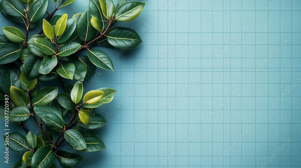 Obraz premium A close-up of green leaves on a grid-patterned background, creating a calming aesthetic.