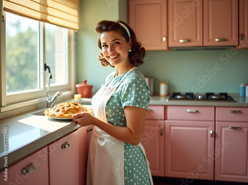 A cheerful housewife in a polka dot dress and apron places a pie on the windowsill in a bright 1950s kitchen with pastel appliances