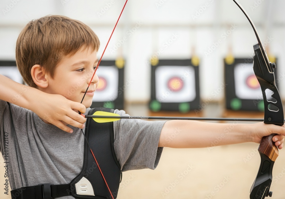 Concentrated caucasian boy practicing archery aiming at the target with bow and arrow Concentrated caucasian boy practicing archery aiming at the target with bow and arrow