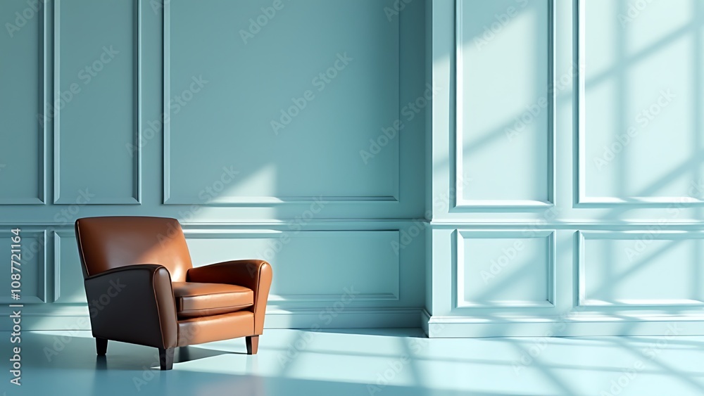 A brown leather chair sits comfortably in a serene pastel blue room with sleek panel walls and subtle window shadows. A brown leather chair sits comfortably in a serene pastel blue room with sleek panel walls and subtle window shadows.