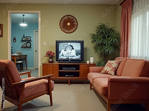 A mid-century living room features teak furniture, a starburst clock, and a black-and-white TV set playing a family sitcom, creating a nostalgic atmosphere