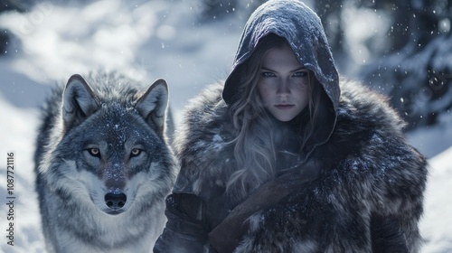 A hooded female warrior wearing armor accompanies a wolf in the snowy winter background wallpaper AI generated image photo