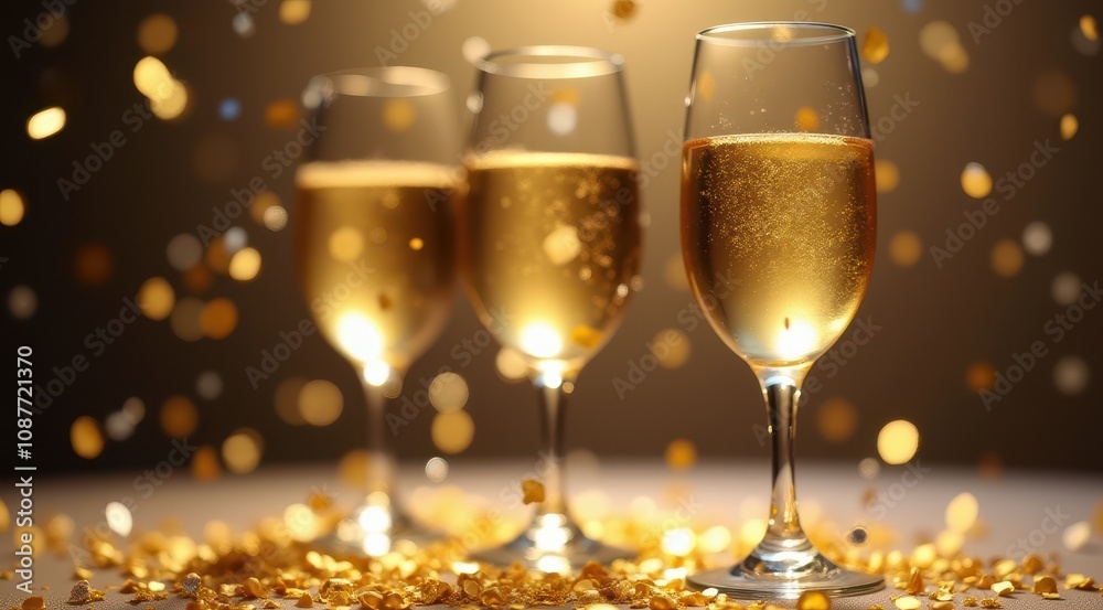 Champagne glasses with golden confetti and sparkling bubbles celebrating a festive occasion Champagne glasses with golden confetti and sparkling bubbles celebrating a festive occasion
