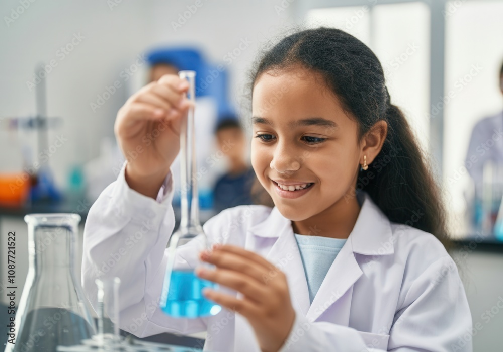 Smiling hispanic girl experimenting with test tubes in a school science classroom Smiling hispanic girl experimenting with test tubes in a school science classroom