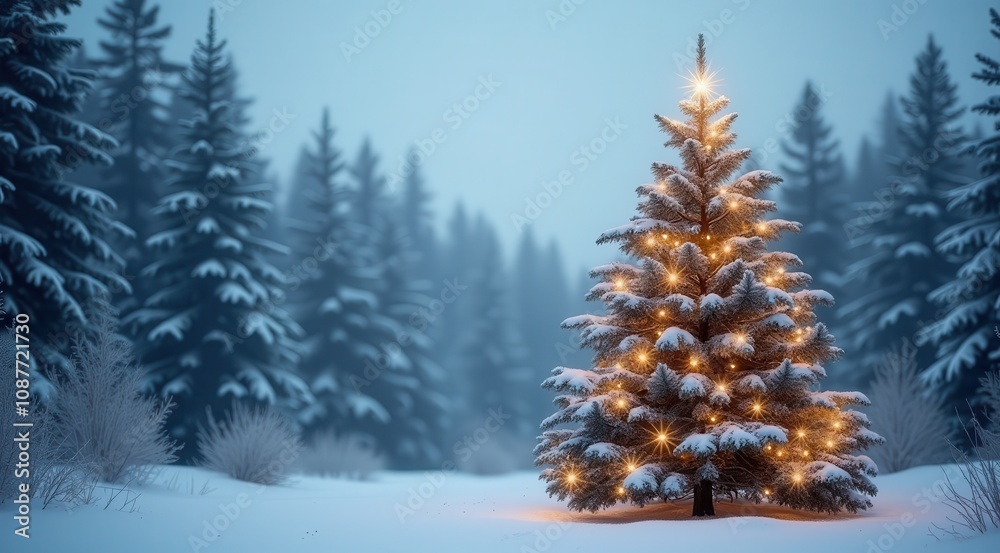 A glowing Christmas tree covered with snow in a tranquil winter forest under soft evening light A glowing Christmas tree covered with snow in a tranquil winter forest under soft evening light