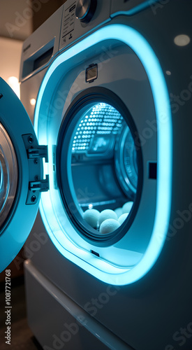 A glowing detergent dispenser built into a high-tech washer ejects eco-friendly pods into the machine creating a modern laundry experience