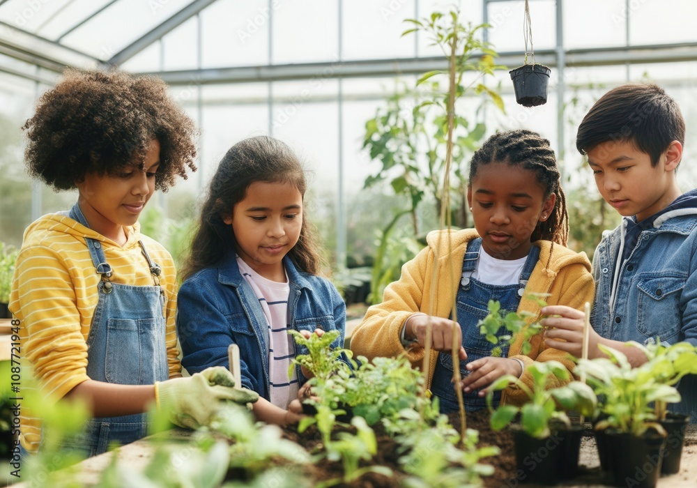 Multi-ethnic group of elementary school students working together to plant seedlings in a greenhouse Multi-ethnic group of elementary school students working together to plant seedlings in a greenhouse