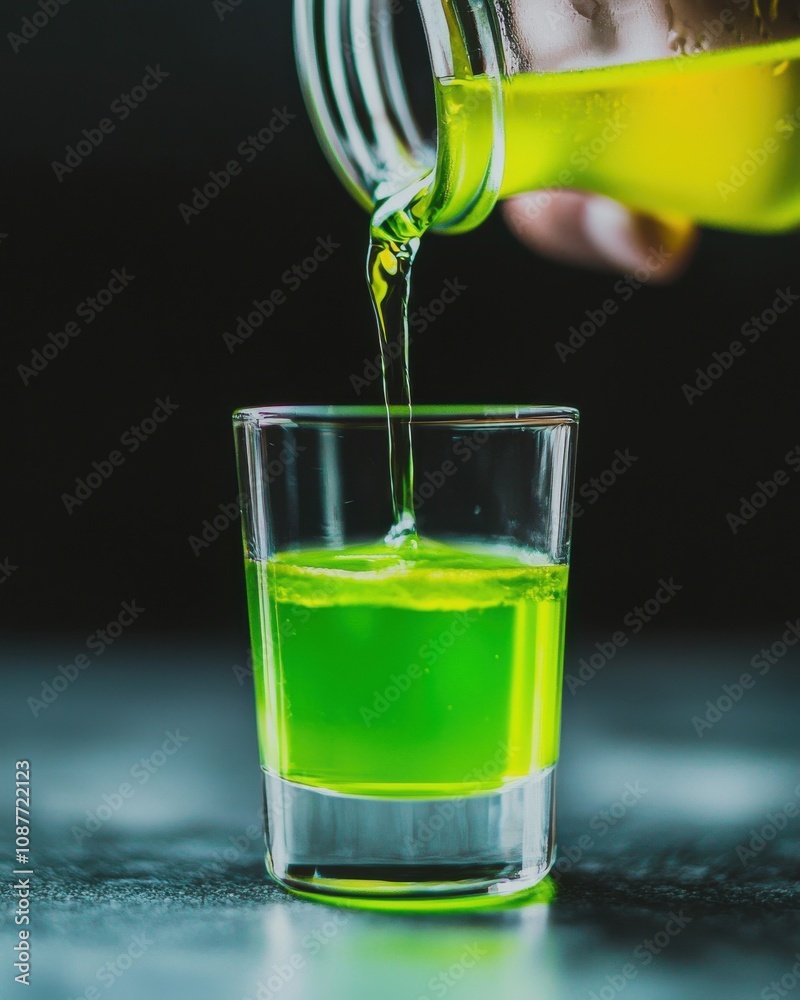 Refreshing green drink pouring into glass kitchen bar beverage photography modern setting close-up Refreshing green drink pouring into glass kitchen bar beverage photography modern setting close-up