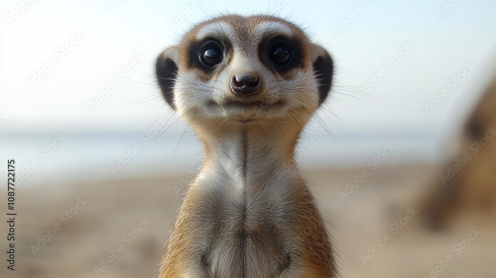 Fototapeta premium A close-up of a meerkat with a curious expression against a beach backdrop.