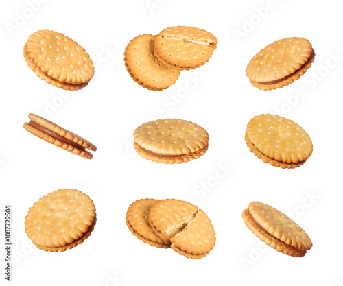 Set of round crispy cookies close up isolated on a white background photo