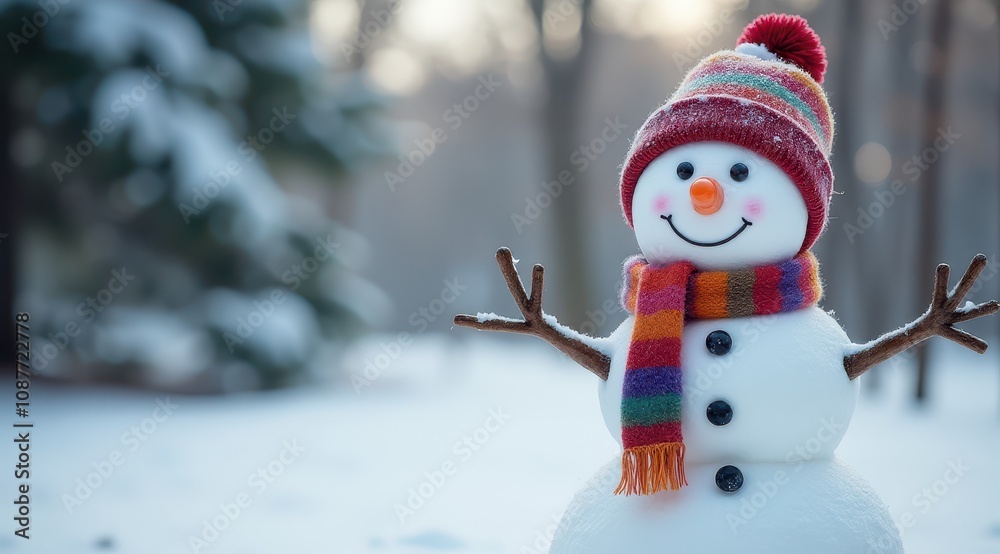 Fototapeta premium Cheerful snowman wearing a red hat and scarf standing in a snowy winter forest