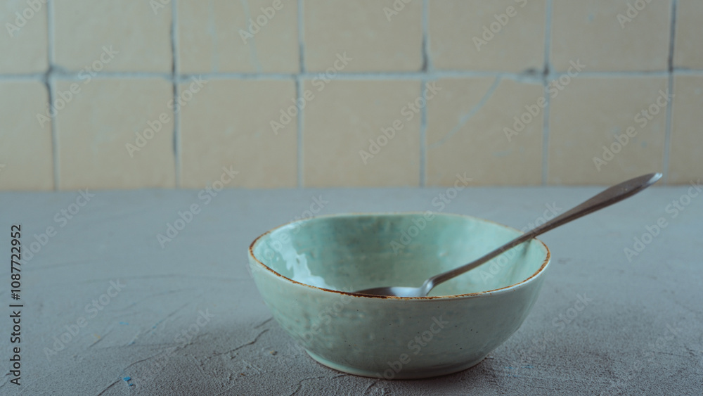 Empty ceramic bowl with metal spoon Empty ceramic bowl with metal spoon