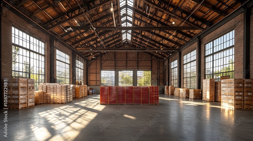 Spacious industrial warehouse with stacked boxes and large windows. Spacious industrial warehouse with stacked boxes and large windows.