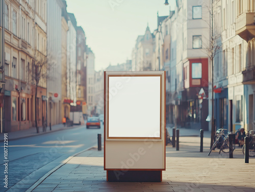 Outdoor street advertising board with a blank white space for creative mockup. Set in a bright urban environment for dynamic promotional design concepts. photo