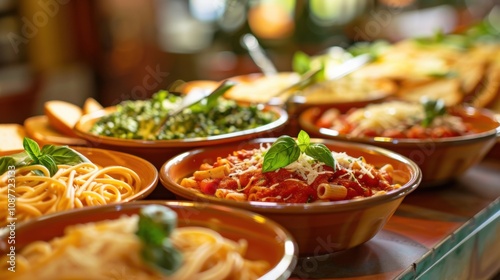 A mouthwatering pasta bar with options like spaghetti, penne