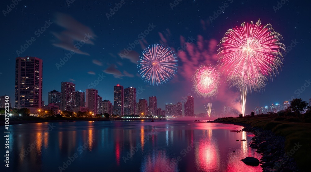 Obraz premium Bright red and gold fireworks illuminate the night sky over a cityscape, celebrating the New Year