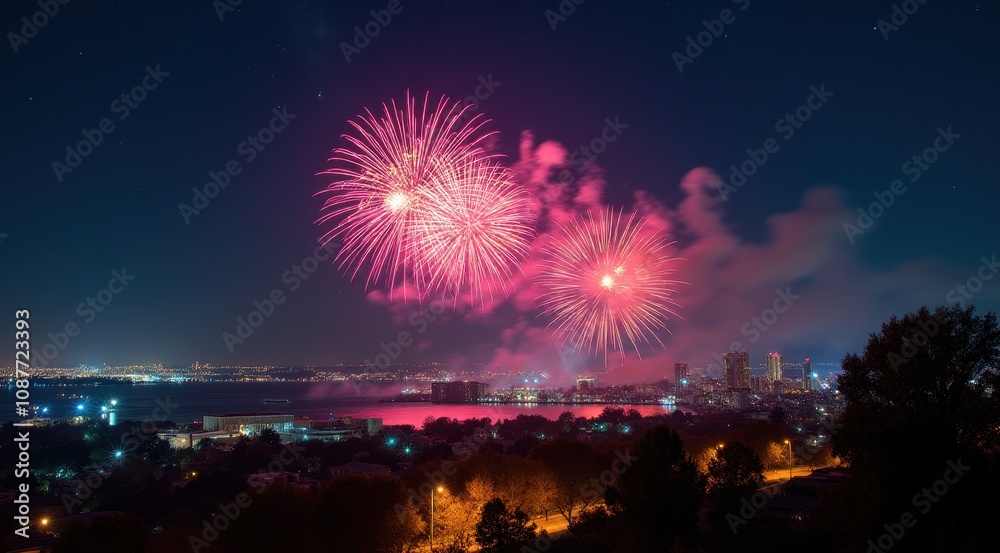 Bright red and gold fireworks illuminate the night sky over a cityscape, celebrating the New Year Bright red and gold fireworks illuminate the night sky over a cityscape, celebrating the New Year