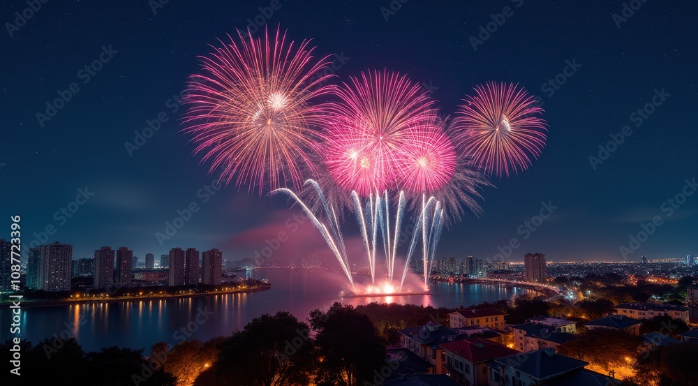 Bright red and gold fireworks illuminate the night sky over a cityscape, celebrating the New Year Bright red and gold fireworks illuminate the night sky over a cityscape, celebrating the New Year