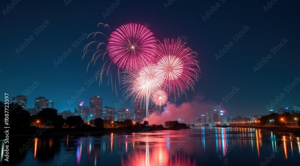 Bright red and gold fireworks illuminate the night sky over a cityscape, celebrating the New Year Bright red and gold fireworks illuminate the night sky over a cityscape, celebrating the New Year