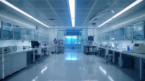 A cleanroom laboratory with bright white surfaces, an array of intricate tubing and machinery, and glowing LED lights illuminating the work area.