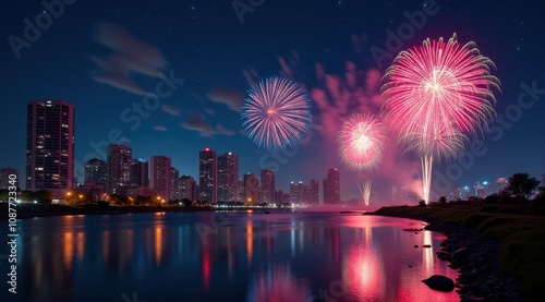 Bright red and gold fireworks illuminate the night sky over a cityscape, celebrating the New Year