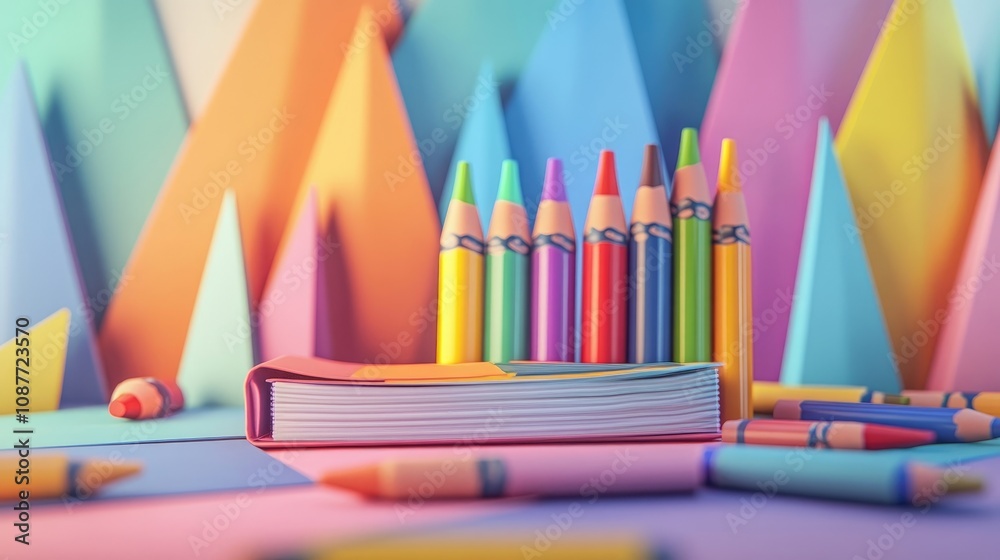 A close-up of a set of colorful crayons and sketchbooks, ready for creative drawing, set against a playful backdrop of paper cutouts. A close-up of a set of colorful crayons and sketchbooks, ready for creative drawing, set against a playful backdrop of paper cutouts.