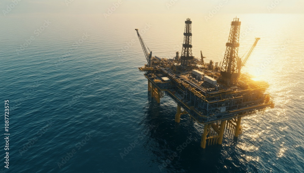 Aerial view of a drilling rig offshore in the sea.
Aerial view of a drilling rig offshore in the sea.
